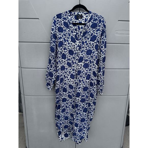 Natalie Martin Indigo Floral Hand-Dyed 100% Silk Kaftan Dress Sz L Double Slit - Picture 3 of 11